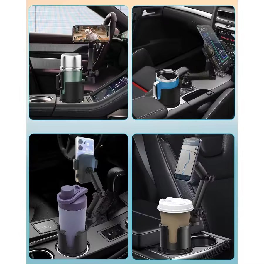 2-in-1 Adjustable Cup Phone Holder for Car – Expandable Base & Hands-Free Mount