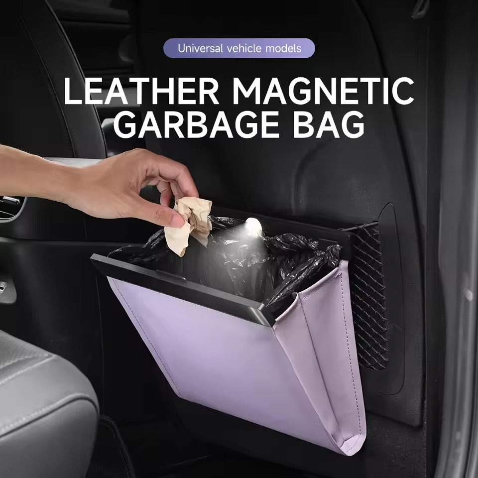 LED Car Trash Can – Waterproof PU Leather Hanging Garbage Bag with Magnetic Lid