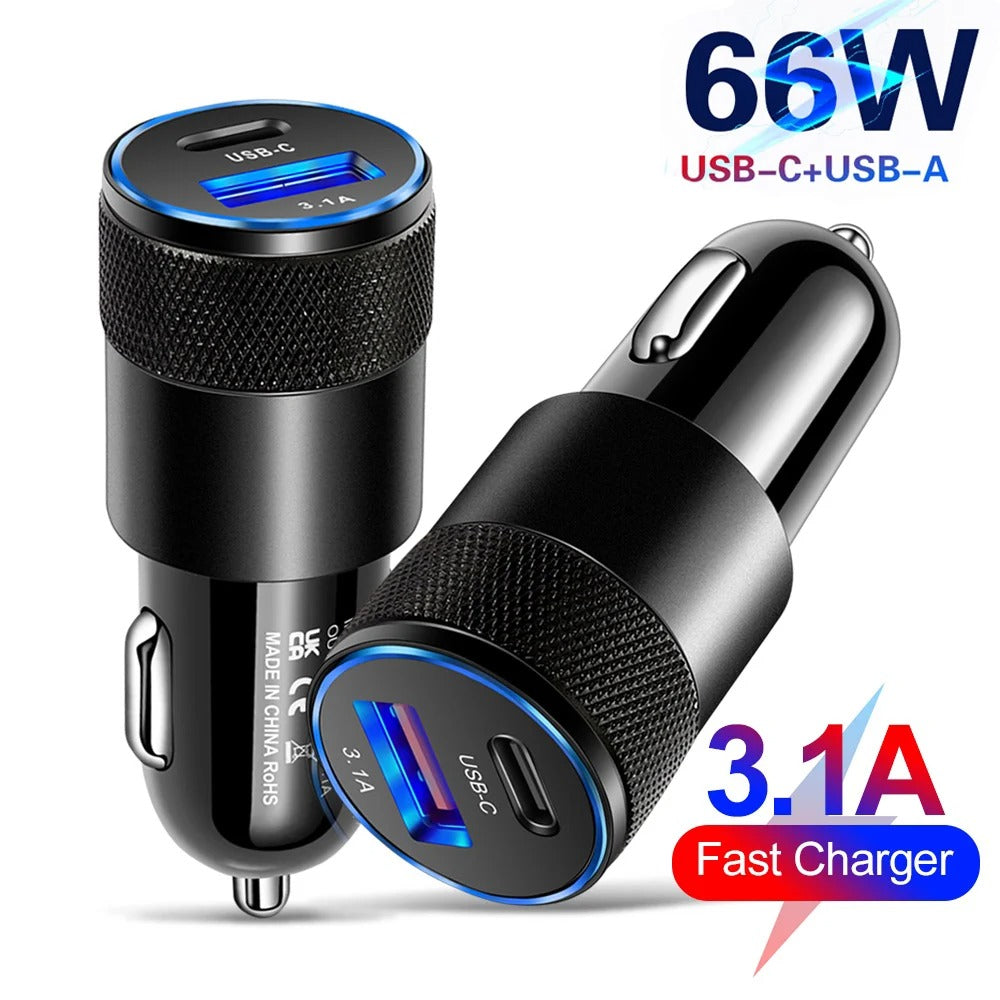 Turbo 66W Fast Charging Car Charger – Dual Port USB Type-C Alloy Adapter for All Devices