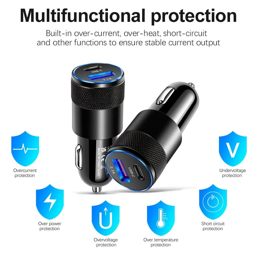 Turbo 66W Fast Charging Car Charger – Dual Port USB Type-C Alloy Adapter for All Devices