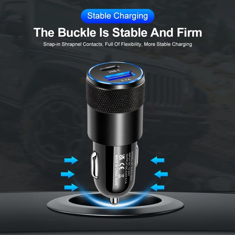 Turbo 66W Fast Charging Car Charger – Dual Port USB Type-C Alloy Adapter for All Devices